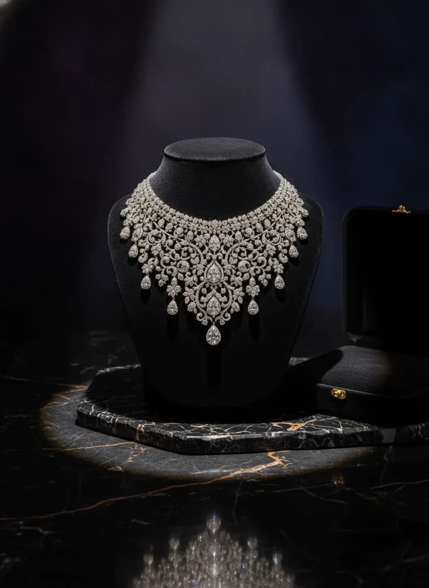 AI-generated jewellery image with metal finish and stone detail preserved